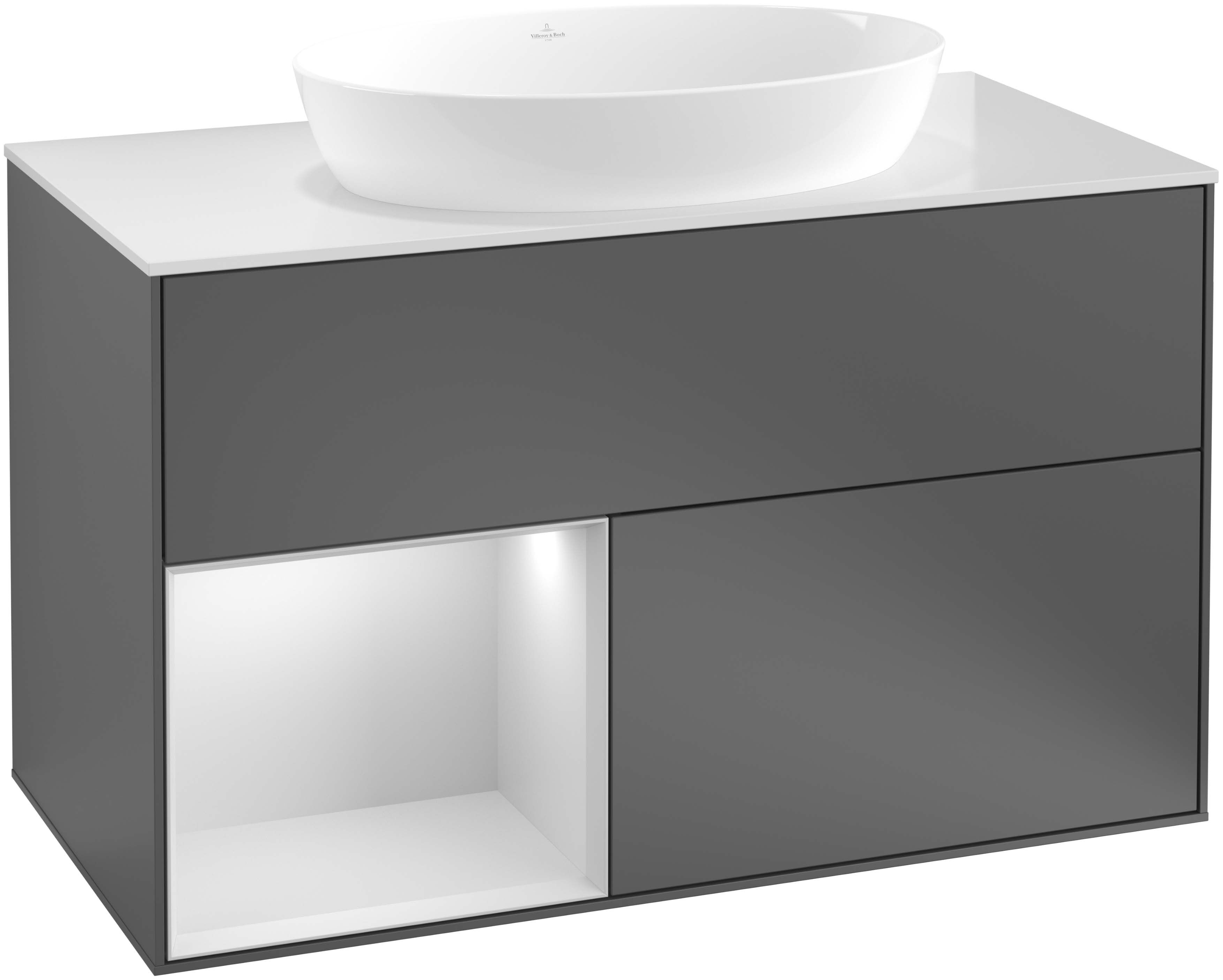 Villeroy und Boch Finion Waschtischunterschrank G892GFGJ 100cm, Abdeckplatte black matt, Emotion, Regale Glossy white lacquer, Light grey matt