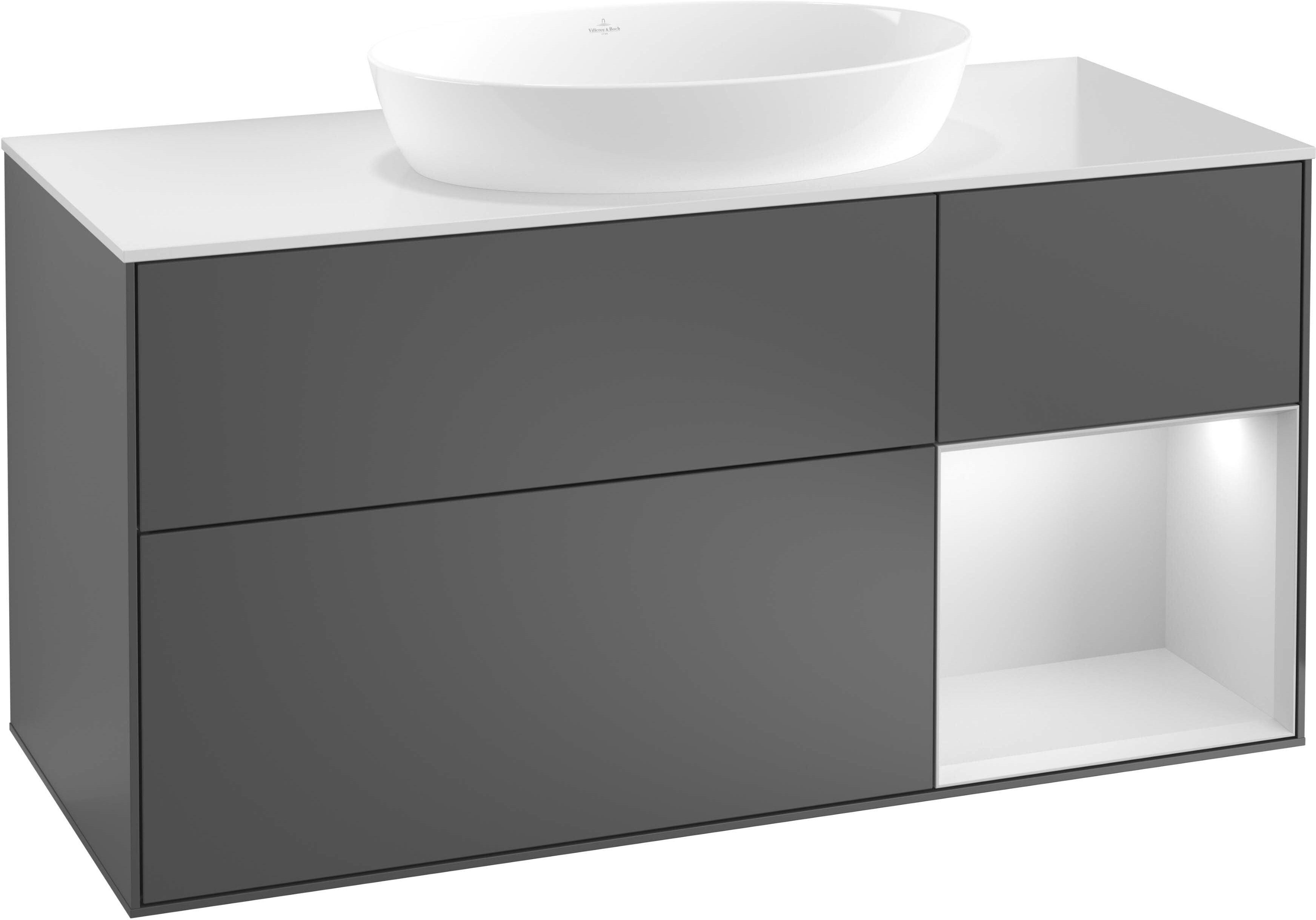 Villeroy und Boch Finion Waschtischunterschrank GA72MTPD 120cm, Abdeckplatte black matt, Emotion, Regale White matt lacquer, Black matt lacquer