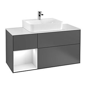 Villeroy und Boch Finion Waschtischunterschrank G162GJHH 120cm, Abdeckplatte black matt, Emotion, Regal links Light grey matt, Sand Matt Lacquer