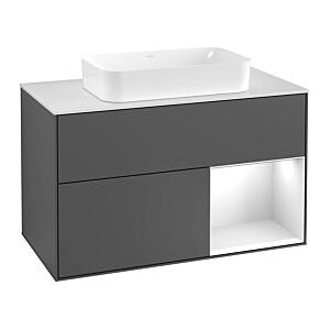 Villeroy und Boch Finion Waschtischunterschrank F251GKPH 100x60,3cm, Abdeckplatte white matt, Regal rechts Anthracite matt, Glossy Black Lacquer