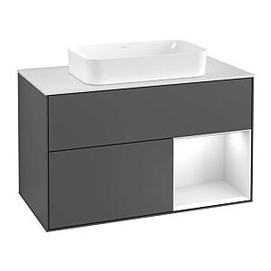 Villeroy und Boch Finion Waschtischunterschrank F252GMHH 100x60,3cm, Abdeckplatte black matt, Regal rechts Olive Matt Lacquer, Sand Matt Lacquer