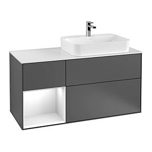 Villeroy und Boch Finion Waschtischunterschrank F392GKGF 120cm, Abdeckplatte black matt, Regal links Anthracite matt, Glossy white lacquer