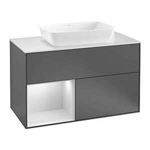 Villeroy und Boch Finion Waschtischunterschrank F772HHGJ 100cm, Abdeckplatte black matt, Regale sand matt lacquer, Light grey matt