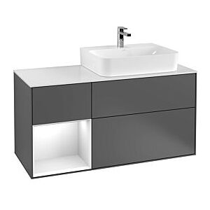 Villeroy und Boch Finion Waschtischunterschrank F141HHPH 120cm, Abdeckplatte glass white Matt, Regal links Sand Matt Lacquer, Glossy Black Lacquer