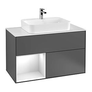 Villeroy und Boch Finion Waschtischunterschrank F362GJGJ 100cm, Abdeckplatte black matt, Regal links Light grey matt, Light grey matt