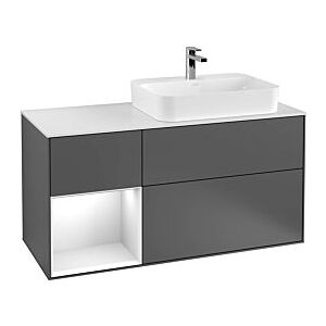 Villeroy und Boch Finion Waschtischunterschrank F392MTGM 120cm, Abdeckplatte black matt, Regal links White matt lacquer, Olive Matt Lacquer