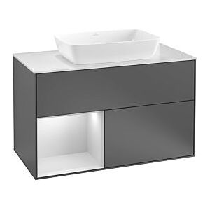 Villeroy und Boch Finion Waschtischunterschrank G772GFHB 100cm, Abdeckplatte black matt, Emotion, Regale Glossy white lacquer, Peony Matt