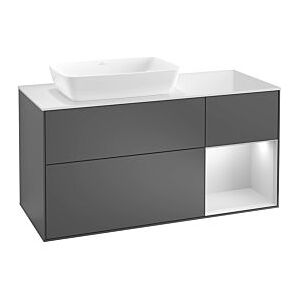 Villeroy und Boch Finion Waschtischunterschrank G812GJGN 120cm, Abdeckplatte black matt, Emotion, Regale Light grey matt lacquer, Walnut veneer