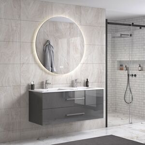 Hangzhou Hongshi Trading Lindadesign 120 Cm Grå Højglans Badeværelsesmøbel Dobbel M/hvid Håndvask Og Rundt Spejl