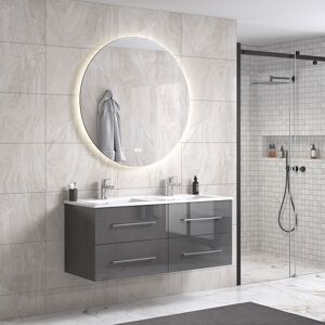 Hangzhou Hongshi Trading Oliviadesign 120 Cm Grå Højglans Badeværelsesmøbel Dobbel M/hvid Håndvask Og Rundt Spejl