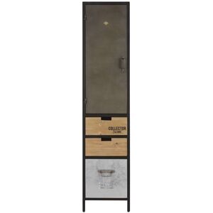 Maisons du Monde Armario alto de baño, 1 puerta, 2 cajones, abeto y metal negro/gris antracita