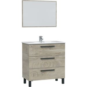 HOMN Mueble de baño 3 cajones, espejo y con lavabo cerámico, 80 cm