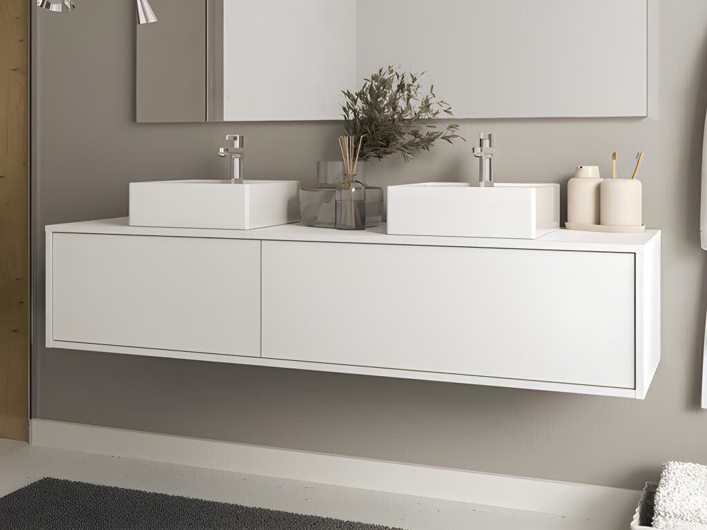 Unique Mueble de baño flotante blanco con doble lavabo - L150 cm - ISAURE II