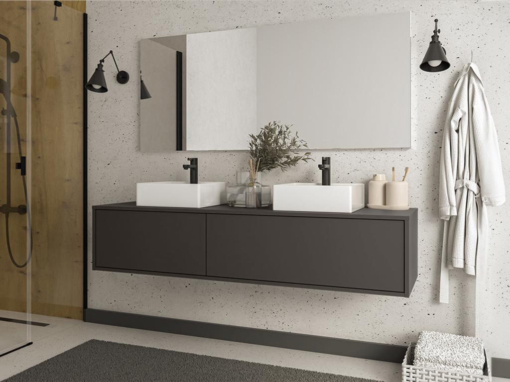 Unique Mueble flotante de baño en color gris antracita con lavabo doble - L150 cm - ISAURE II