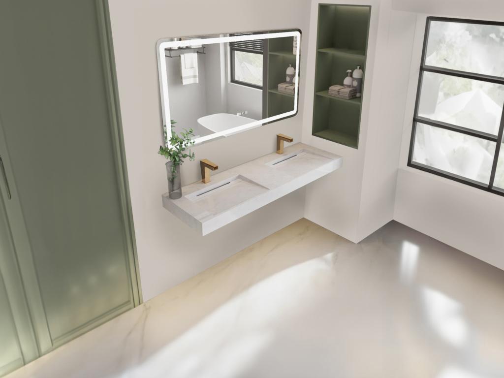 Shower & Design Doble lavabo suspendido efecto mármol blanco - KODIAK - Ancho 140.2 x Prof. 45.2 x Alt. 8  cm