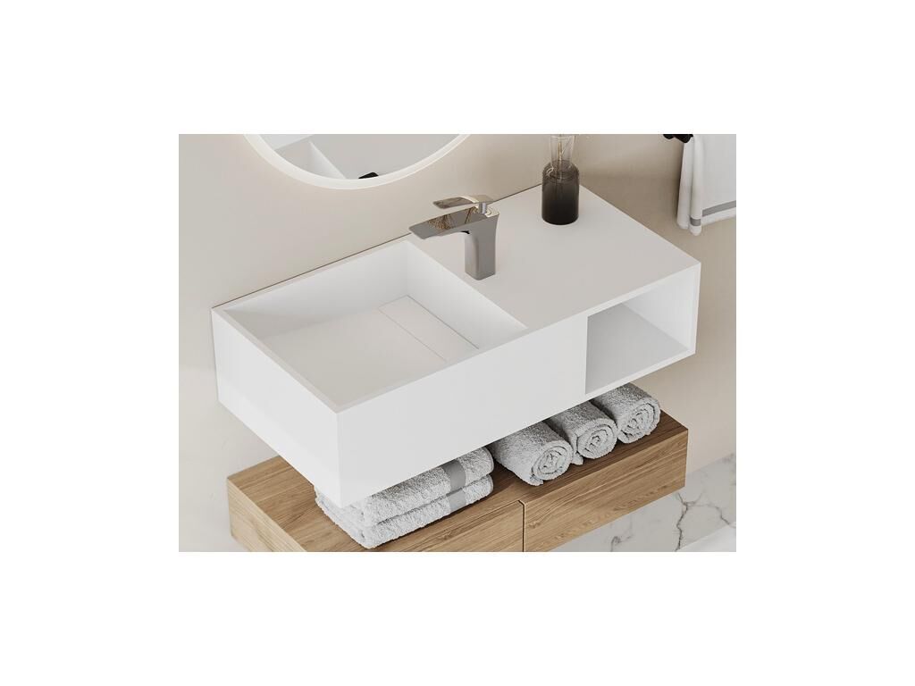 Shower & Design Lavabo suspendido con encimera de solid surface con estante - Blanco - Ancho 80 x Prof. 40 x Alt. 20 cm - GOYOKO