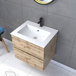 AURLANE Pack Meuble SDB 60cm suspendu 2 tiroirs Chene_Vasque blanche + Miroir Barber - TIMBER 60_Pack32 - Publicité