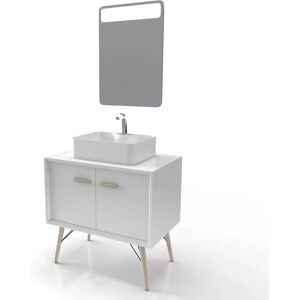 MEUBLE SALLE DE BAIN SCANDINAVE BLANC 80 CM SUR PIEDS AVEC PORTES, VASQUE A POSER ET MIROIR LED