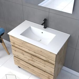 AURLANE Pack Meuble SDB 80cm sur pieds 3 tiroirs Chene_Vasque blanche + Miroir Led - TIMBER 80_Pack46 - Publicité