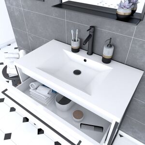 AURLANE Pack meuble de salle de bain 80x50cm Blanc - 2 tiroirs blanc - vasque blanche + miroir noir mat - Publicité