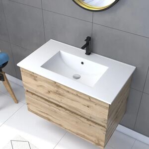 AURLANE Pack Meuble SDB 80cm suspendu 2 tiroirs Chene_Vasque blanche + Miroir Barber - TIMBER 80 - Pack38 - Publicité