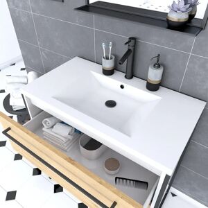 AURLANE Pack meuble de salle de bain 80x50cm Blanc - 2 tiroirs blanc - vasque blanche + miroir noir mat - Publicité