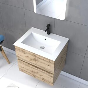 AURLANE Pack Meuble SDB 60cm suspendu 2 tiroirs Chene_Vasque blanche + Miroir Led - TIMBER 60_Pack10 - Publicité