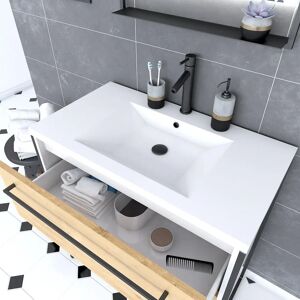 AURLANE Pack meuble de salle de bain 80x50 cm Blanc - 2 tiroirs blanc - vasque blanche - miroir à led - Publicité