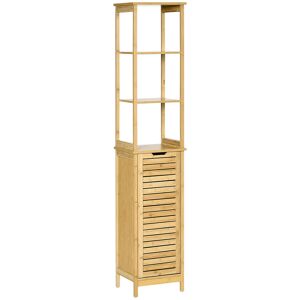 KLEANKIN Meuble colonne rangement salle de bain style cosy dim. 34L x 30l x 173H cm porte à lattes 3 étagères bambou MDF aspect bois clair - Publicité