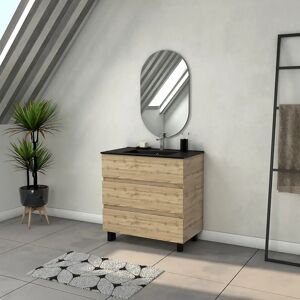 AURLANE Meuble Salle de Bains 80cm 3 Tiroirs Chêne Naturel + Vasque Noire et Miroir Ovale - Publicité