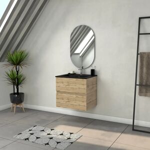 AURLANE Meuble Salle de Bains 60cm 2 Tiroirs Chêne Naturel + Vasque Noire et Miroir Ovale - Publicité