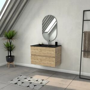 AURLANE Meuble Salle de Bains 80cm 2 Tiroirs Chêne Naturel + Vasque Noire et Miroir Ovale - Publicité