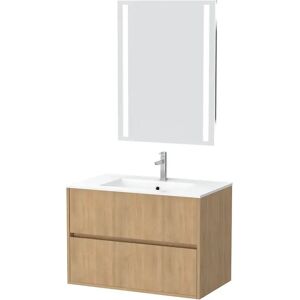 AURLANE Pack Meuble Salle de Bains 80cm Chêne Clair 2 Tiroirs, Vasque, Miroir 60x80 à Leds intégrées - XENOS - Publicité