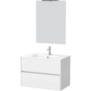 AURLANE Pack Meuble Salle de Bains 80cm Blanc 2 Tiroirs, Vasque, Miroir 60x80 et réglette Led - XENOS - Publicité