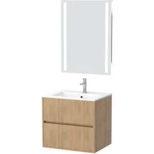 AURLANE Pack Meuble Salle de Bains 60cm Chêne Clair 2 Tiroirs, Vasque, Miroir 60x80 à Leds intégrées - XENOS - Publicité