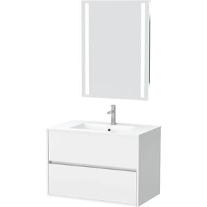 AURLANE Pack Meuble Salle de Bains 80cm Blanc 2 Tiroirs, Vasque, Miroir 60x80 à Leds intégrées - XENOS - Publicité