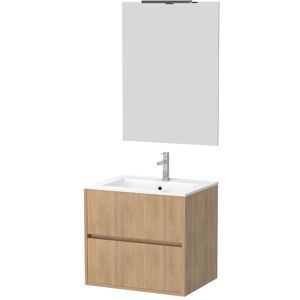 AURLANE Pack Meuble Salle de Bains 60cm Chêne Clair 2 Tiroirs, Vasque, Miroir 60x80 et réglette Led - XENOS - Publicité