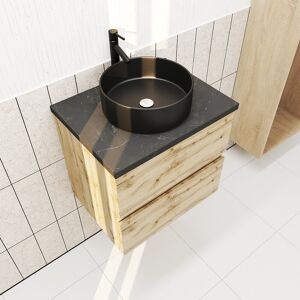 AURLANE Meuble salle de bains 60cm Chêne Naturel 2 Tiroirs - Plan Effet Marbre Noir + Vasque Ronde Noire - Publicité