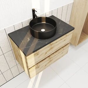 AURLANE Meuble salle de bains 80cm Chêne Naturel 2 Tiroirs - Plan Effet Marbre Noir + Vasque Ronde Noire - Publicité