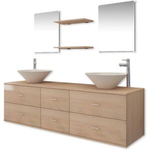 vidaXL Meuble de salle de bain 9 pcs avec lavabo et robinet Beige - Publicité