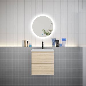 AICA SANITAIRE AICA Ensemble meuble vasque L.50cm 2 tiroirs + lavabo + LED miroir rond 60cm,chêne,A - Publicité