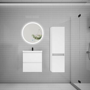 AICA SANITAIRE AICA Ensemble meuble vasque L.50cm 2 tiroirs + lavabo + LED miroir rond 60cm + colonne A,blanc - Publicité