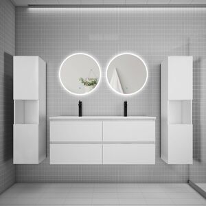 AICA SANITAIRE AICA Ensemble meuble double vasque L.120cm 4 tiroirs + lavabo + 2*LED miroirs rond 60cm + 2*colonne,blanc A - Publicité