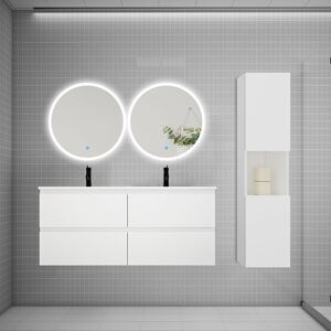 AICA SANITAIRE Ensemble meuble double vasque L.120cm 4 tiroirs + lavabo + 2*LED miroirs rond 60cm + colonne A,blanc - Publicité