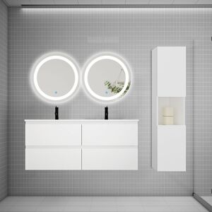 AICA SANITAIRE Ensemble meuble double vasque L.120cm 4 tiroirs + lavabo + 2*LED miroirs rond 60cm + colonne A,blanc,easy - Publicité