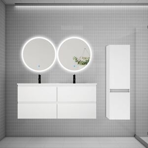 AICA SANITAIRE AICA Ensemble meuble double vasque L.120cm 4 tiroirs + lavabo + 2*LED miroirs rond 60cm + colonne A,blanc - Publicité