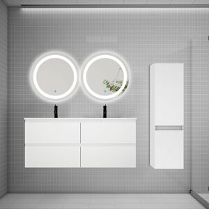 AICA SANITAIRE AICA Ensemble meuble double vasque L.120cm 4 tiroirs + lavabo + 2*LED miroirs rond 60cm + colonne A,blanc,easy - Publicité