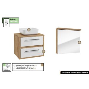 OTITEC Ensemble complet - de salle de bain - Meuble - Miroir/Armoire LED - Vasque avec Siphon OFFERT  EMBRE  Blanc  60 x 50 x 45 cm - Publicité