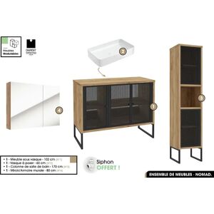 OTITEC Ensemble complet de salle de bain - Meuble - Colonne - Miroir - Vasque avec Siphon OFFERT  NOMAD  OAK  102 x 80 x 43 cm - Publicité