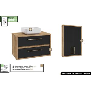 OTITEC Ensemble complet - de salle de bain - Meuble - Armoire - Vasque avec Siphon OFFERT  EMBRE  Noir  80 x 50 x 45 cm - Publicité